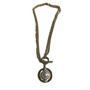 Talbots Faux Pearl Necklace Gold Tone Link Toggle Clasp Collar 17” Two Chains